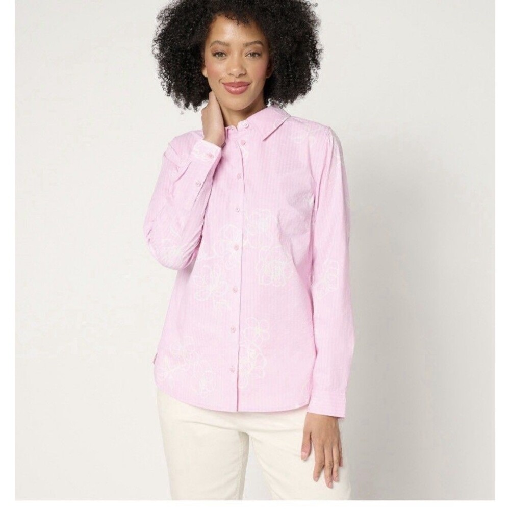 Joan Rivers Stretch Cotton Seersucker Printed Floral Shirt